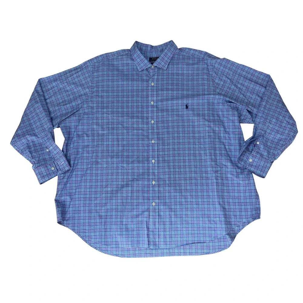 Polo Ralph Lauren Button Down Mens 4XB Plaid Stretch Blue Casual Preppy